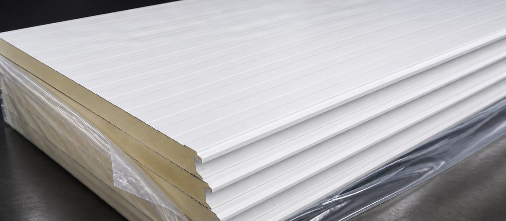 Estiba de paneles tipo sándwich blancos con película protectora sobre la cara vista