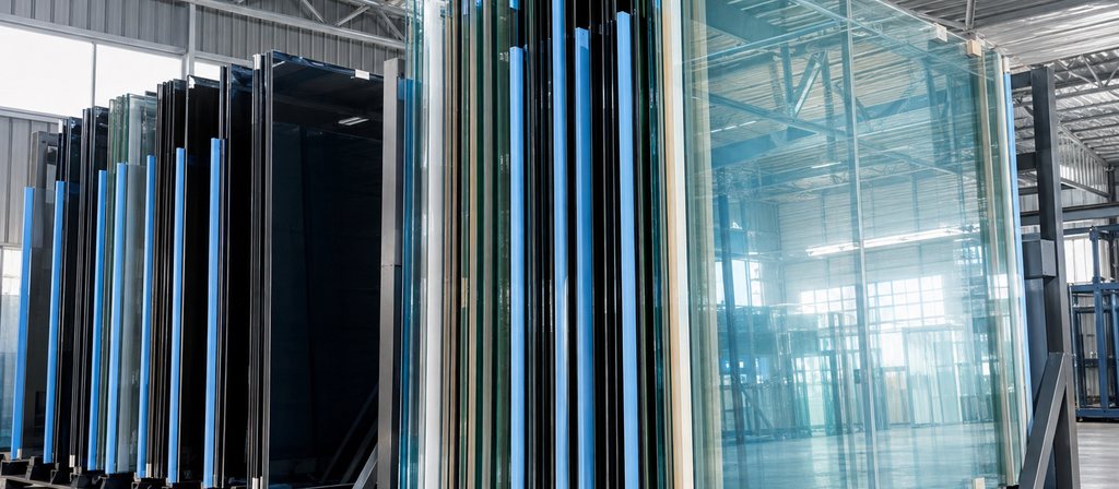 Láminas de vidrio de distintos espesores y tonos almacenadas en caballetes dentro de una planta